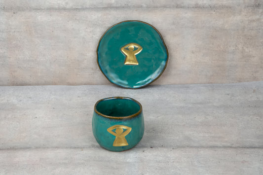 Giftware - Cup & Flat Cracked - Olive Blue & Gold Eye of Ra